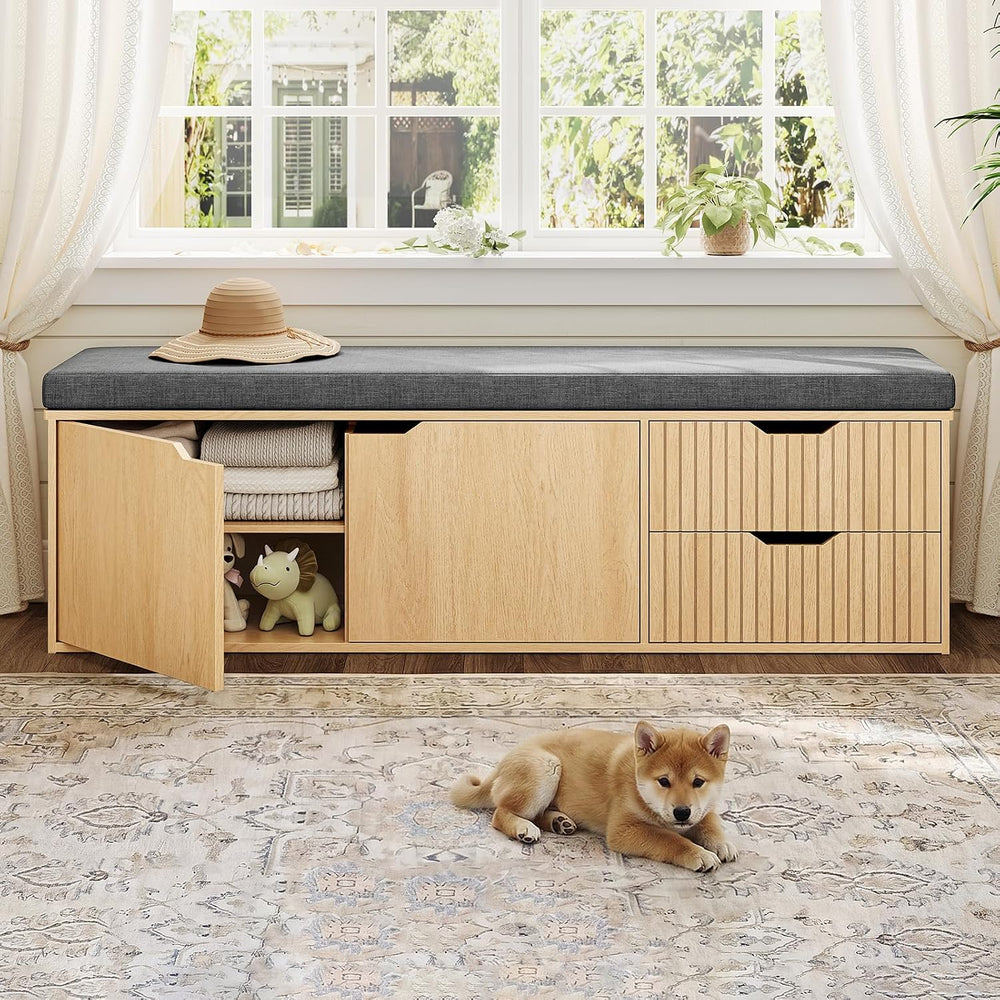 59" Storage Bench with Drawer, 2-Tier Shoe Bench with Storage, Long Entr...