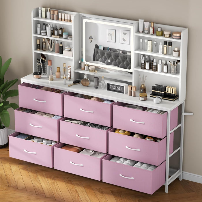 9 Drawers Dresser with LED Mirror for Bedroom, 59" W Chest of Drawers