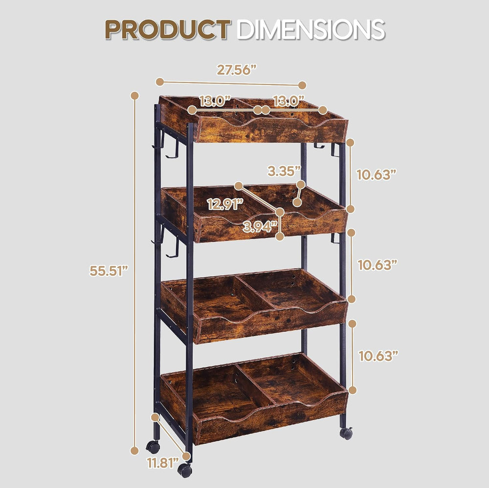 Mobile Farm Stand,4-Tier Wood Fruit Basket Stand with 8 Metal Hooks,Vegetable...