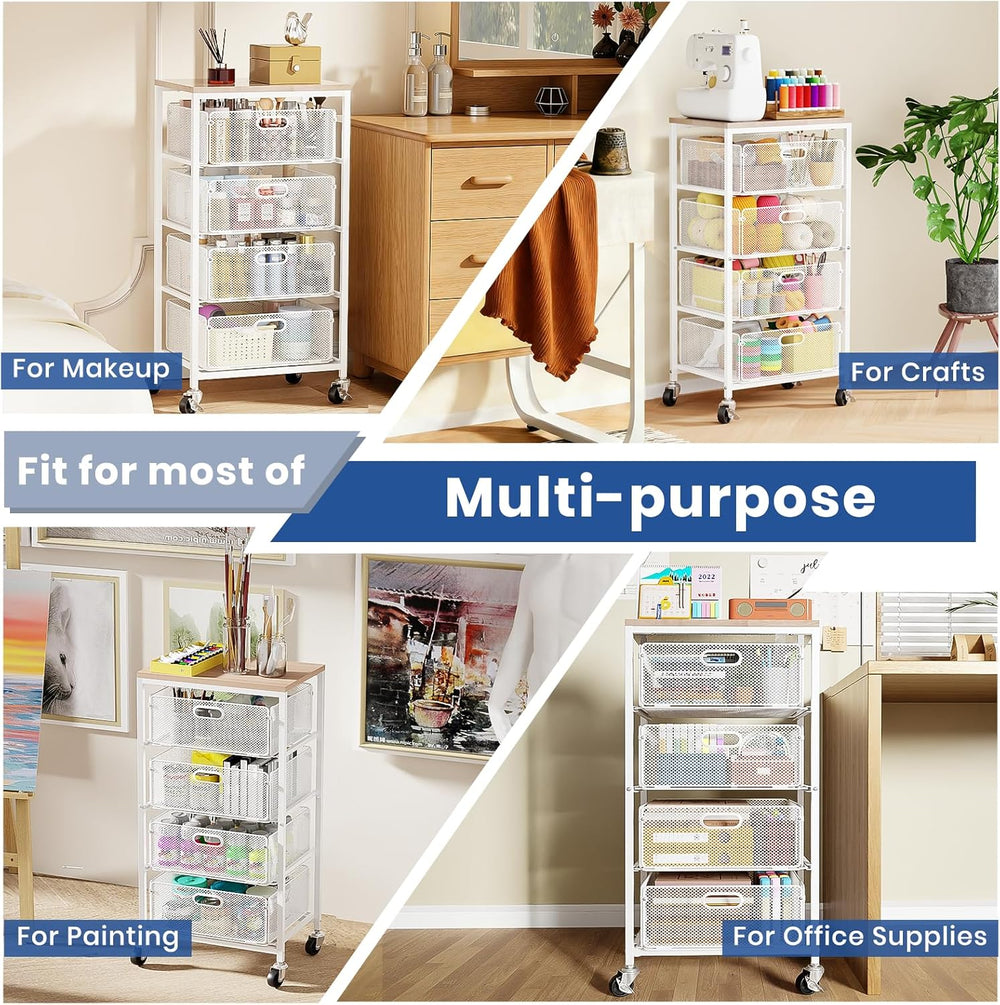 Kitchen Cart with Drawers, Lockable Wheels with Wooden Top, White