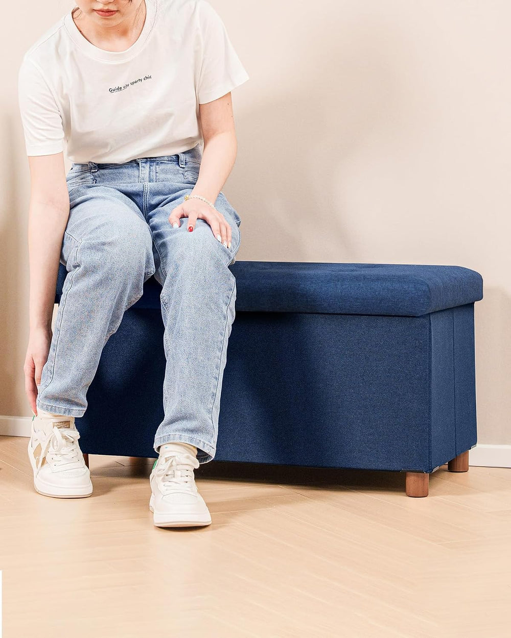 B FSOBEIIALEO 30" Folding Storage Ottoman with Tray, Wood Legs, Linen Blue