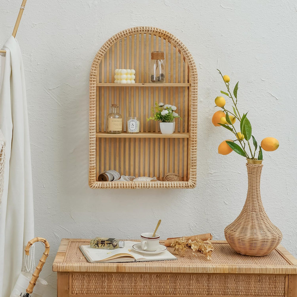 Rattan Wall Shelf - 3 Tier Boho Arch Hanging Shelves Handcraft Floating Shelf...