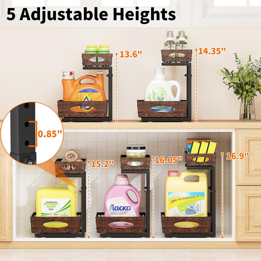 2-Tier Under Sink Organizer with Wooden Drawer Handle, 2 Pack Adjustable Heig...