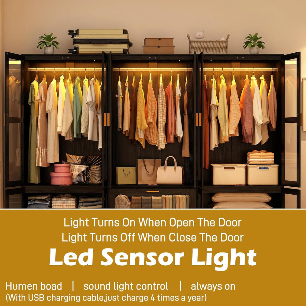 6 Doors Armoire Wardrobe Closet with LED and Mirror,71" H Freestanding W...