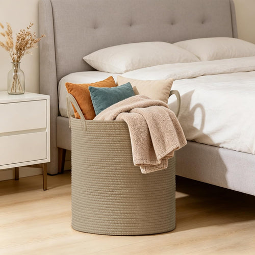 100l extra large tall cotton rope laundry basket showing dimensions