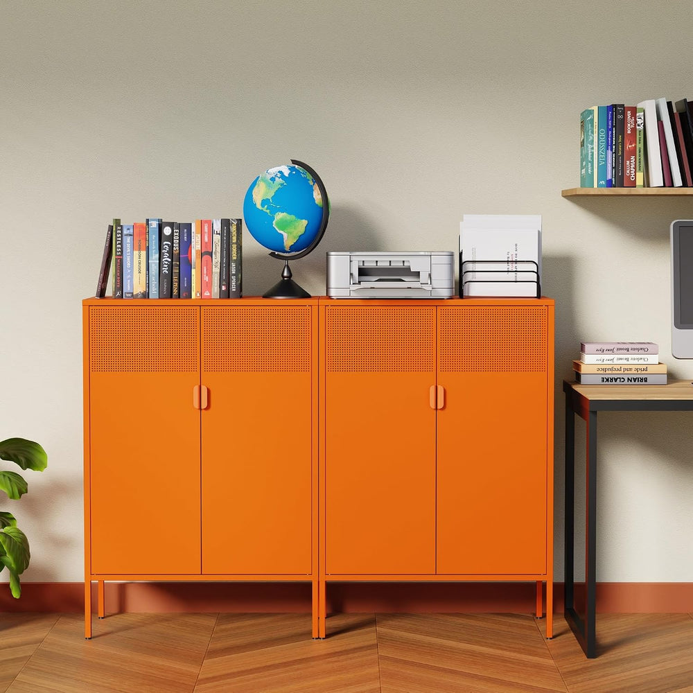 Ustamio Orange 3 Tier Metal Storage Cabinet with Legs, 2 Door Metal Locker St...