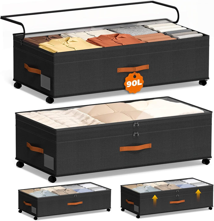 Under Bed Storage with Wheels, 35.5 inches Underbed Storage Large Capacity Under Bed Rolling Containers, 2 Pack Under the Bed Storage for Clothes, Shoes, Blankets (Deep Black)
