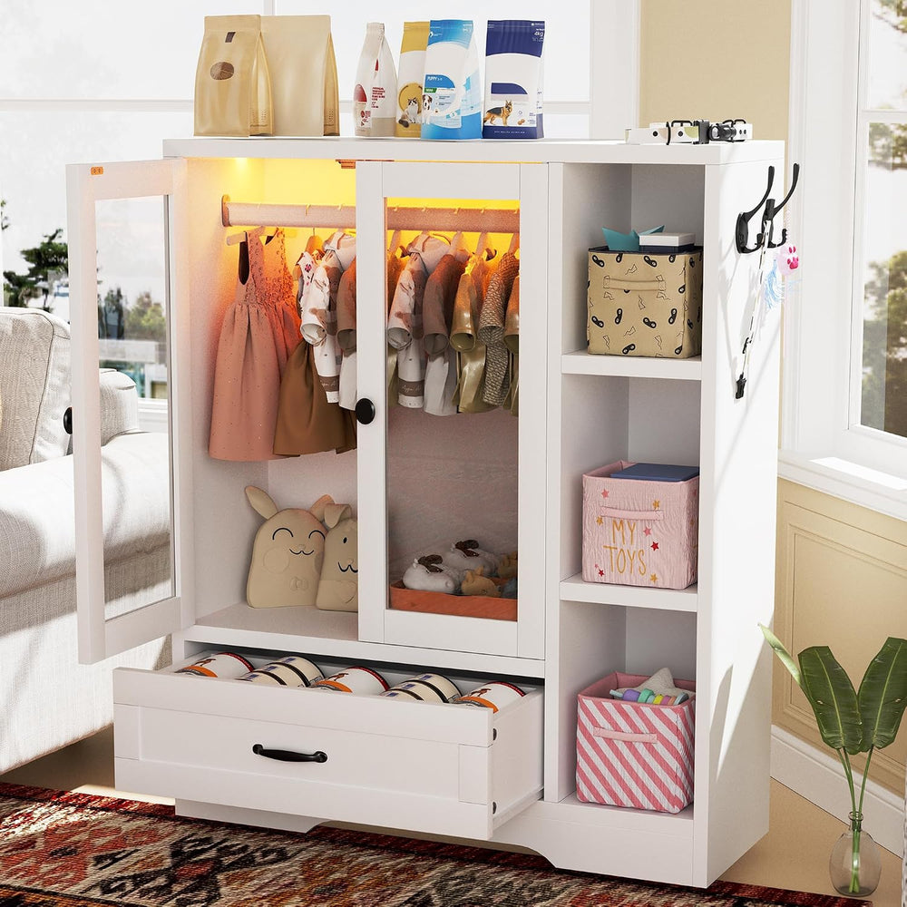 Pet Wardrobe Cabinet, Dog Clothes Closet with RGB LED, Acrylic Door & Dra...