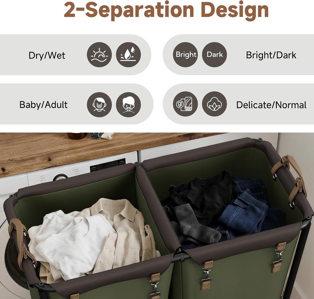 StorageWorks 2 Section Laundry Hamper, 330L Extra Large Green Rolling Cart