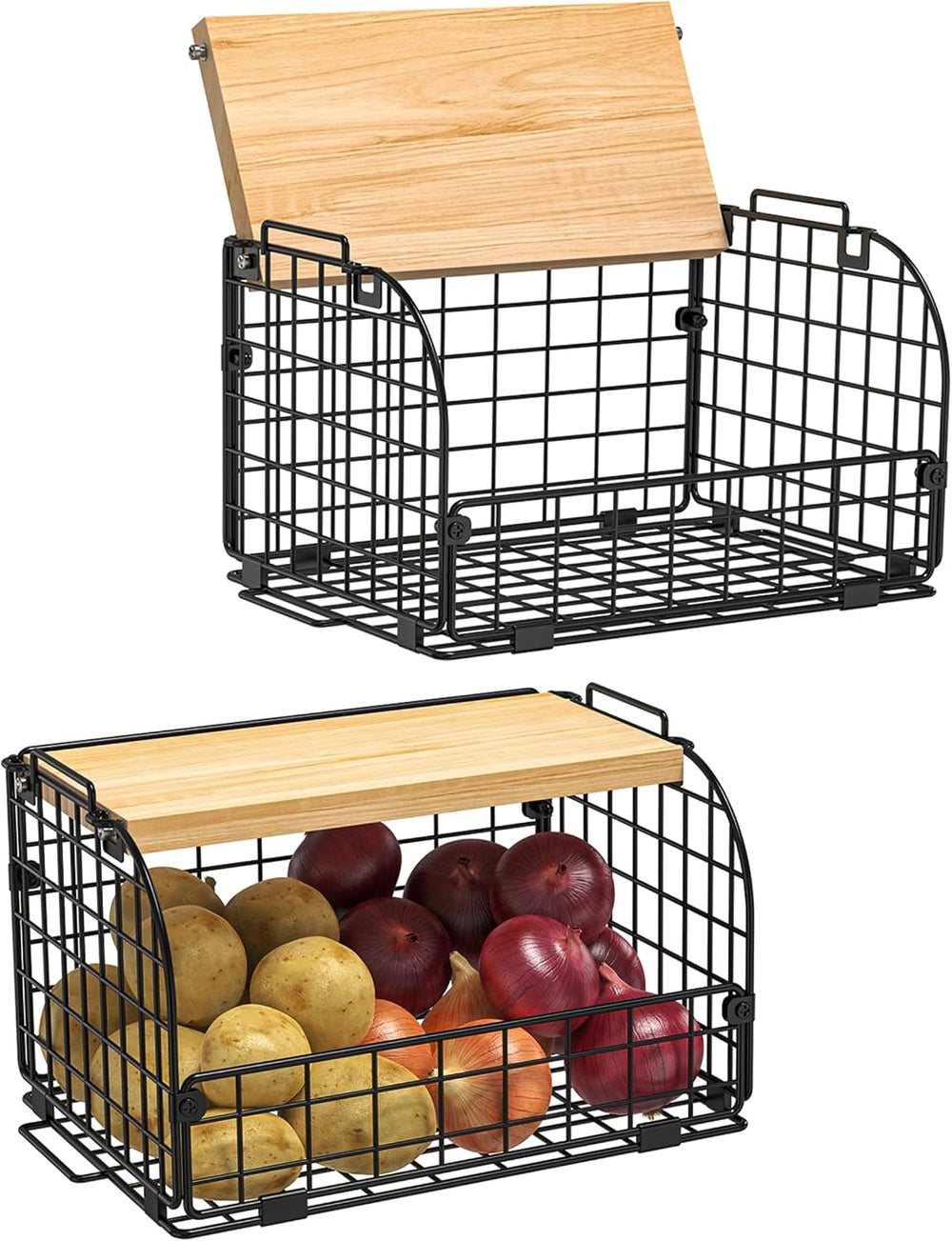 2 Set Stackable Wire Basket with Openable Top, Kitchen Counter, Pantry Organi...