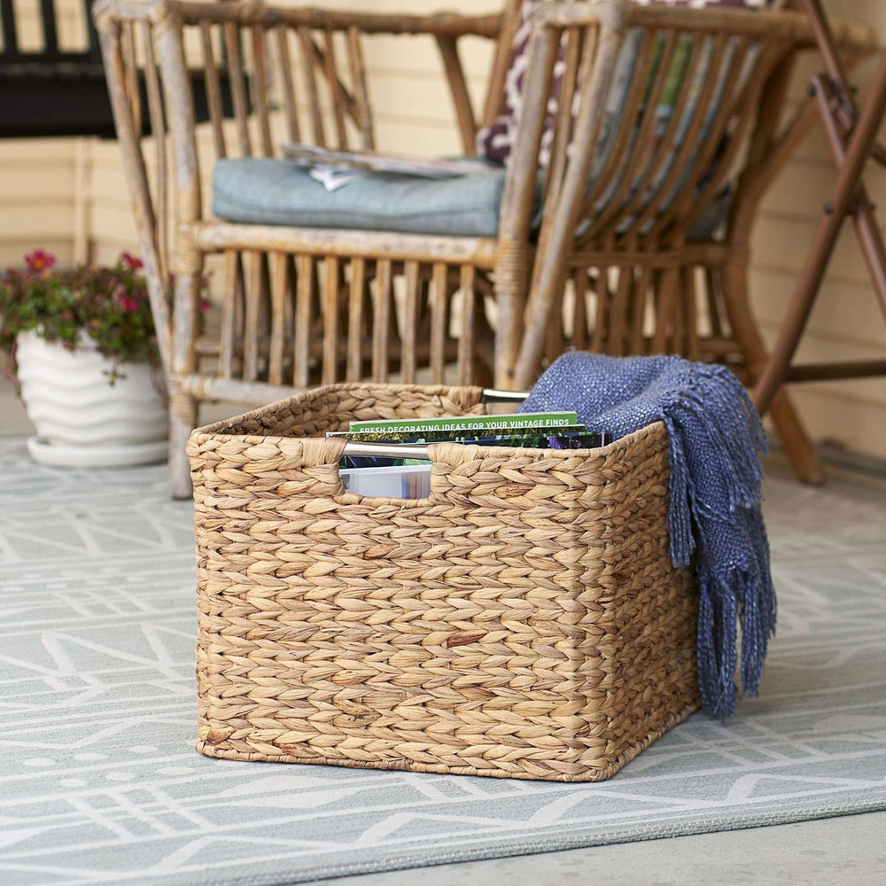 Household Essentials Square Wicker Basket with Handwoven Hyacinth Fibers, Sta...