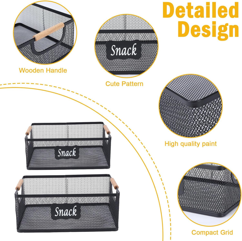 Snack Organizer, 2 Pack Metal Mesh Snack Basket with Wooden Handles, Snack Bi...