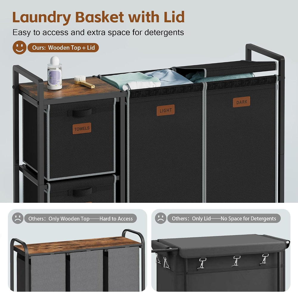 Hoctieon 4 Section Laundry Cart, 52.8 Gal. (200L) Laundry Hamper with Lid, La...