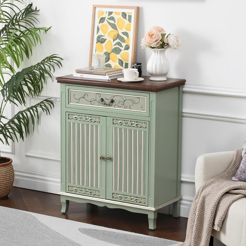 Ahokua Sage Green Accent Cabinet with Drawer and Textured Doors, Farmhouse St...