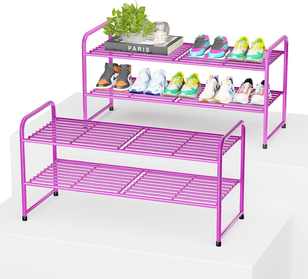 2 Pack Shoe Rack, 2-Tier Metal Stackable Shoe Shelf Storage Organizer, Heavy ...