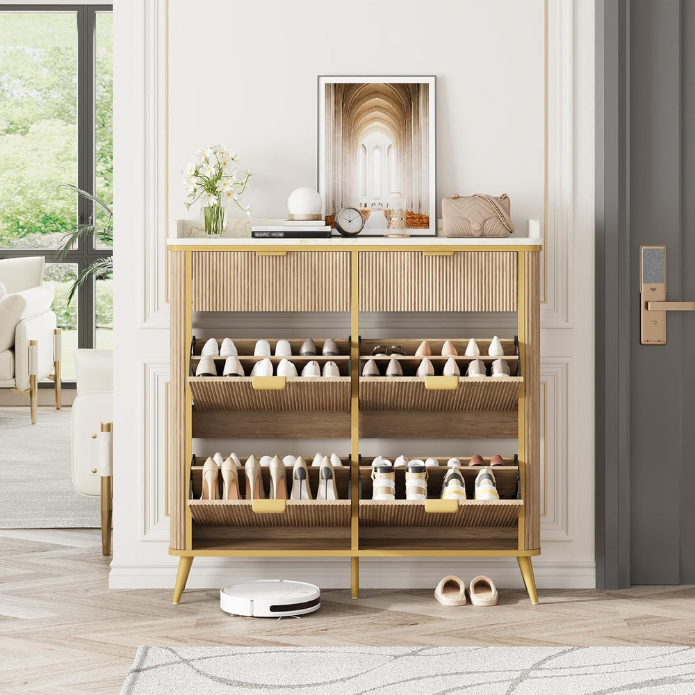 Fluted Shoe Storage Cabinet with 4 Flip Drawers & 2 Drawers, Freestanding...