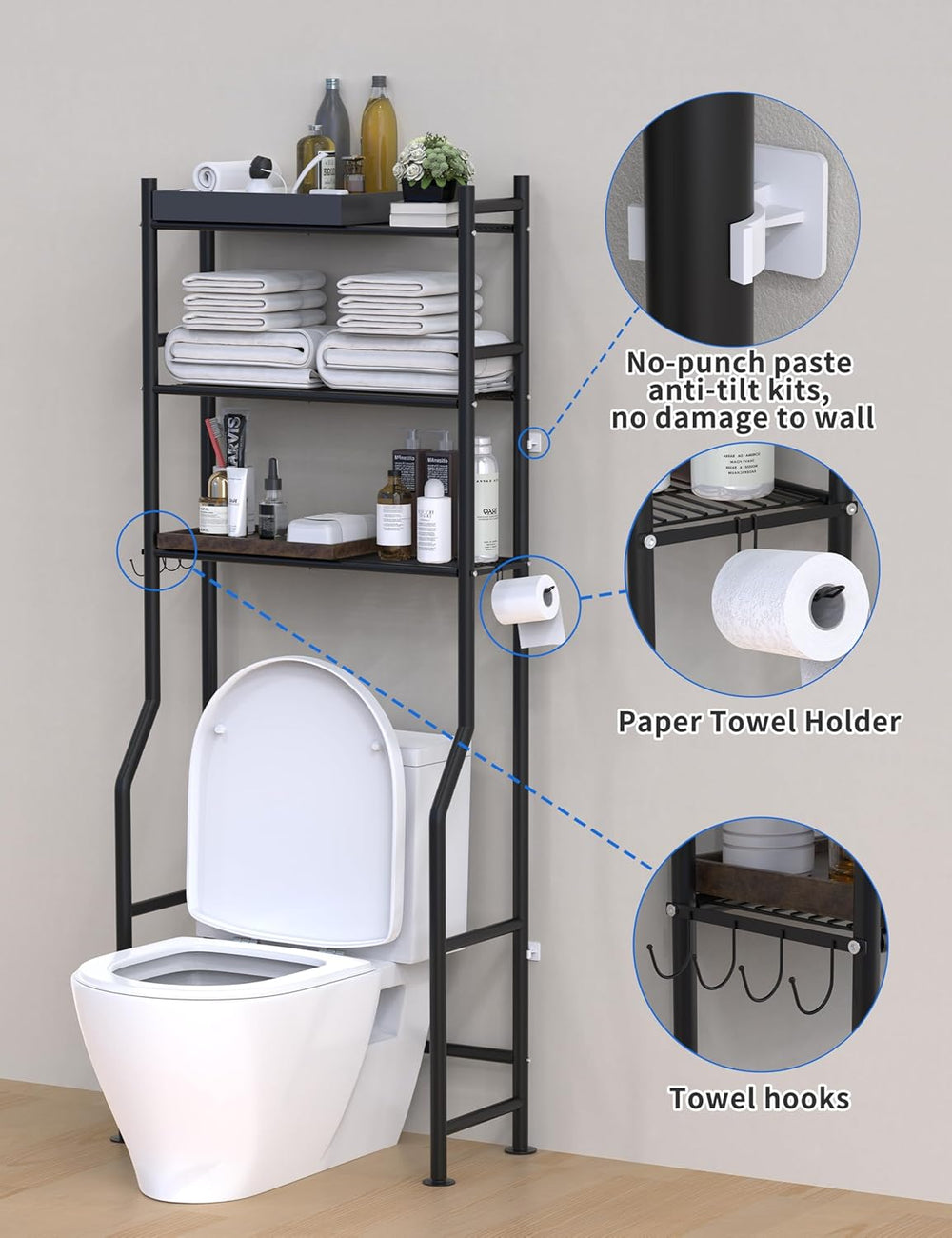 Livilord 3-Tier Over Toilet Storage, Anti-Tip, 64" H, Black