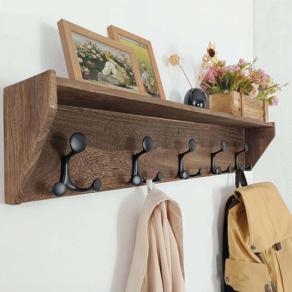 SKOLOO Wall Shelf with Hooks, 35-Inch Weathered Brown Wall Mounted Coat Rack ...