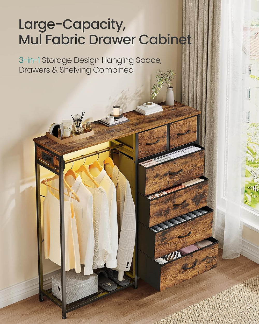 SONGMICS Dresser with Hanging Rod, Closet Organizer with 6 Fabric Drawers