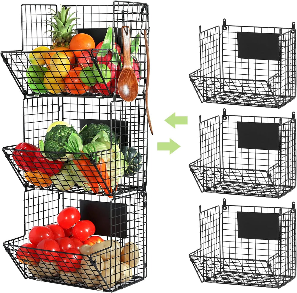 X-cosrack Metal Wire Basket Wall Mount, 3 Tier Wall Storage Basket Organizer ...