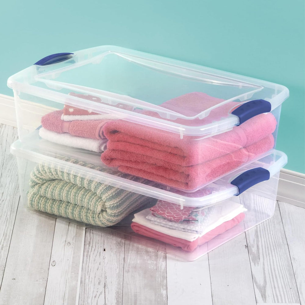 (2 Pack) 32 Quart Clear Plastic Storage Bins with Lids and Blue Latches, Stac...