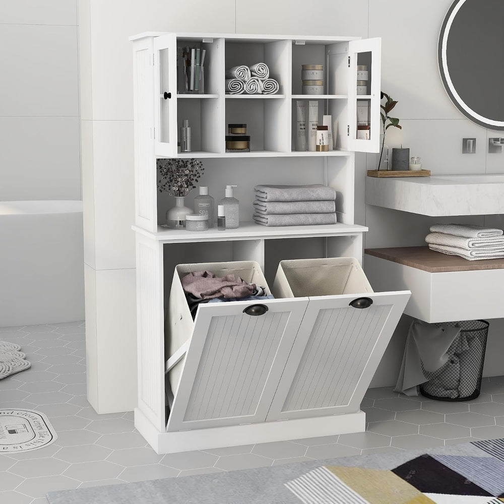 RASOO Tilt-Out Laundry Cabinet White Tall Bathroom Storage Cabinet Laundry Ha...