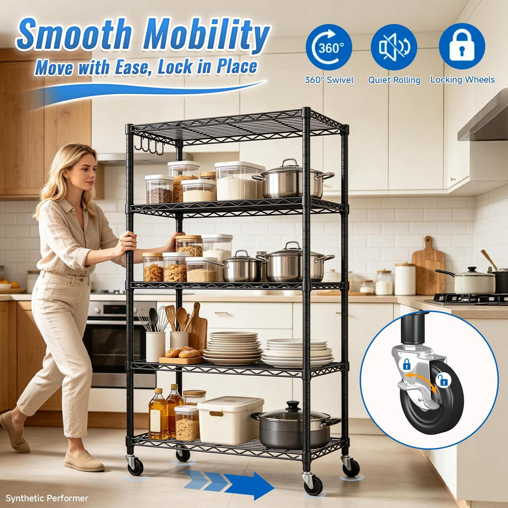 24" W x 18" D x 75" H Wire Storage Shelves with Wheels: 5 Tier...