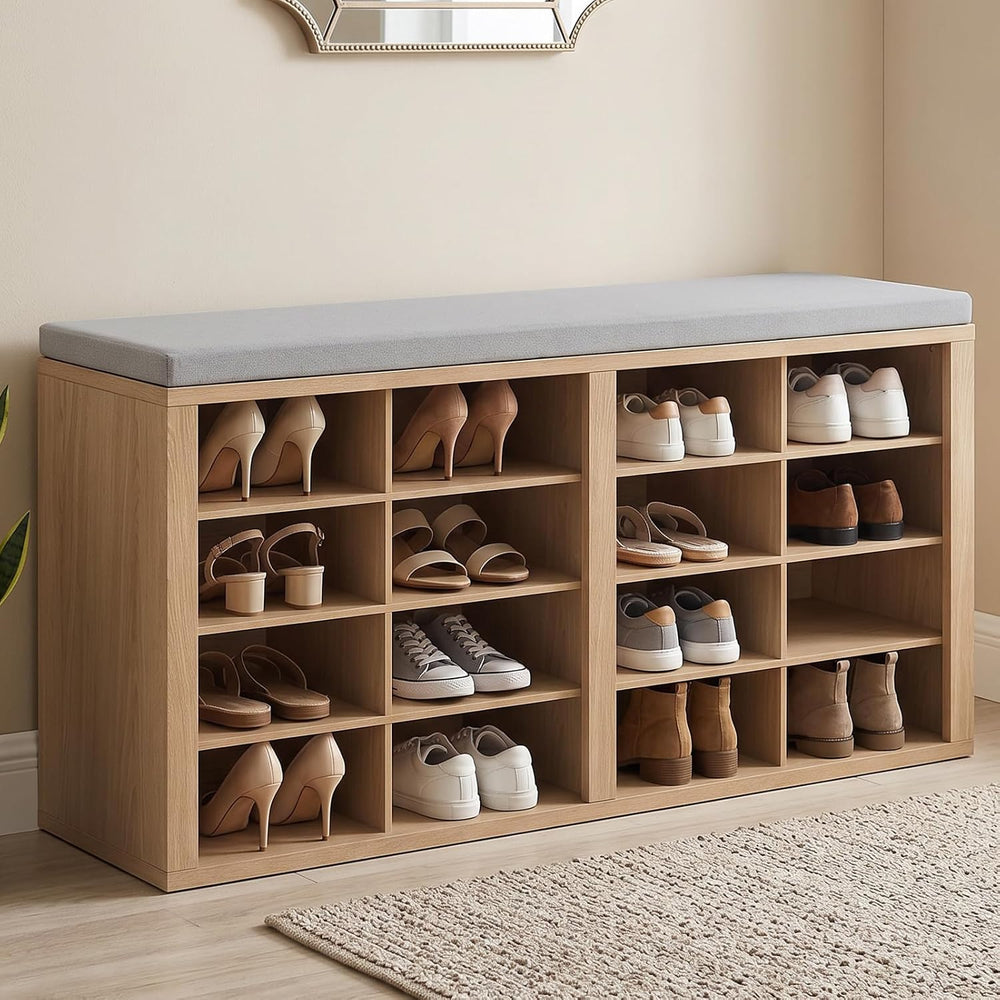Shoe Rack Bench, Shoe Storage Bench with Cushion, Shoe Organizer 16 Cubbies f...