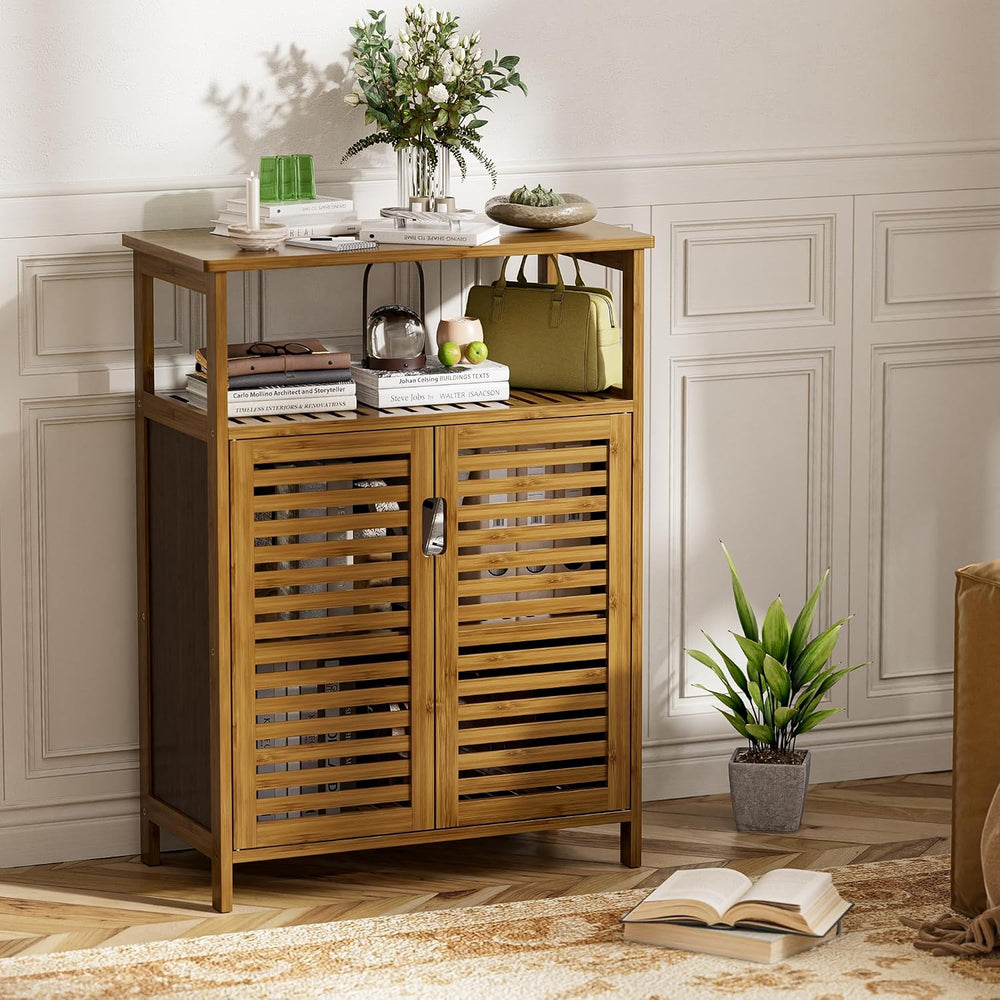 HITNET Bathroom Storage Cabinet, Bamboo Floor Cabinet with Double Doors and O...