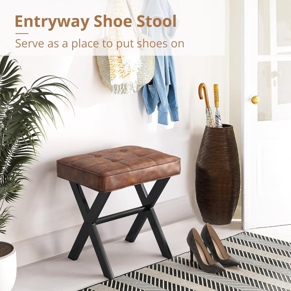 LUE BONA Vanity Stool, Square Faux Leather Makeup Stool with Metal X Legs, Sm...