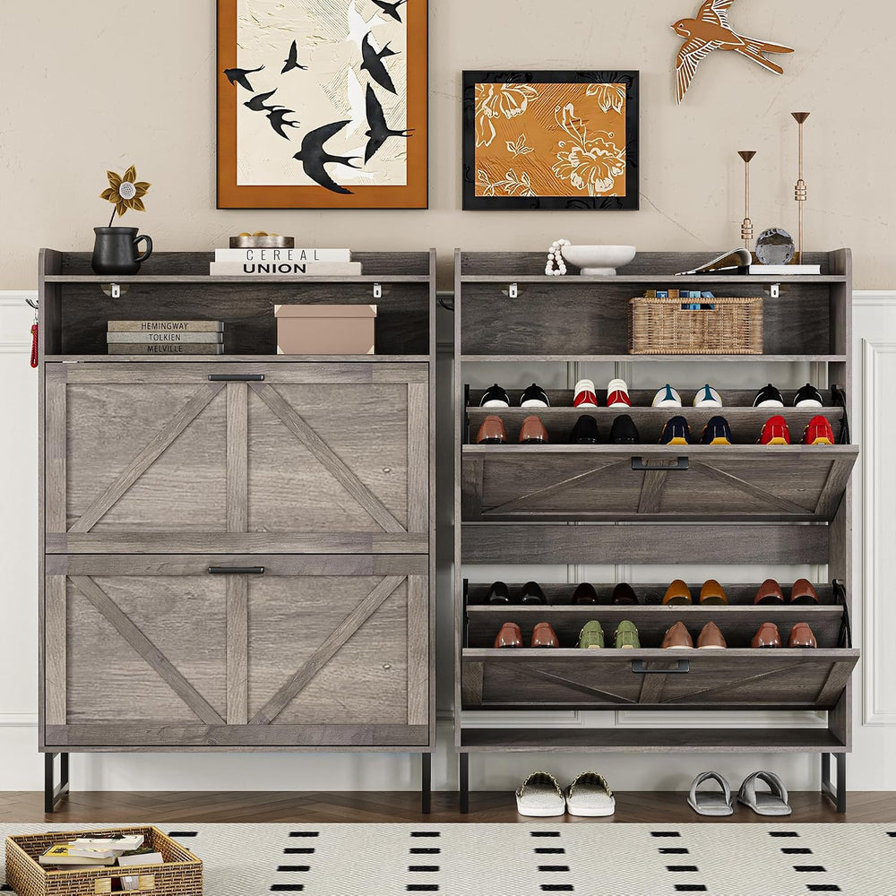 BORNOON Shoe Cabinet with 2 Flip Drawers Narrow Shoe Storage Organizer Wooden...
