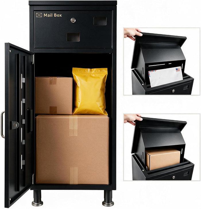 Outdoor Package Delivery Box with Letter Slot, 2-in-1 Parcel & Parcel Drop Boxes for Outside, Anti-Theft Lockable Large Storage (33.5"x15.7"x15.7") Waterproof Package delivery Box. Black