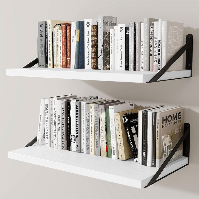 Deep Wall Shelves 24"W x 12"D Engineered Wood Floating Shelves for Wall, Sturdy Metal Bracket Bookshelves Home Decor Storage for Living Room Bedroom Bathroom Kitchen, Set of 2, White Finish