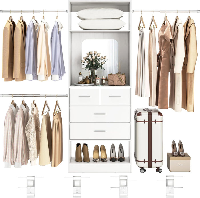 Unikito 8FT Closet System with Mirror and 3 Extendable Hanging Rods, White