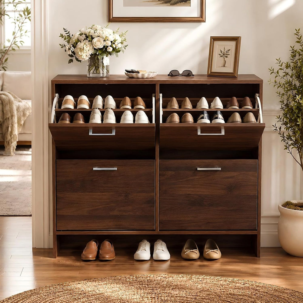 VINGLI Walnut Shoe Cabinet for Entryway, Slim Rustic Shoe Storage Cabinet wit...