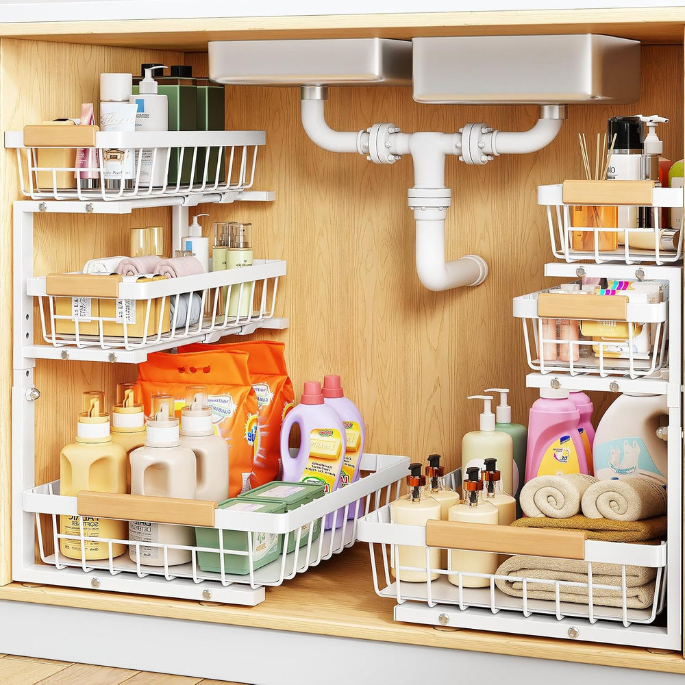 PXRACK Under Sink Organizer, 2-Pack 3-Tier Height Adjustable Thickened Metal ...