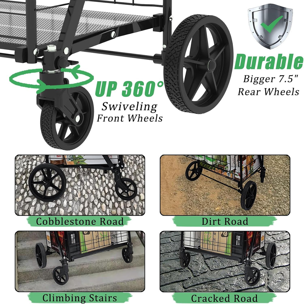 Heavy Duty Folding Shopping Cart with 360° Swivel Wheels, Super Jumbo