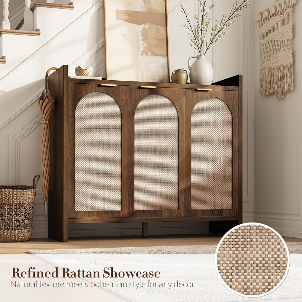 Rattan Shoe Storage Cabinet, Wooden Shoe Rack Organizer Cabinet with 3 Doors ...