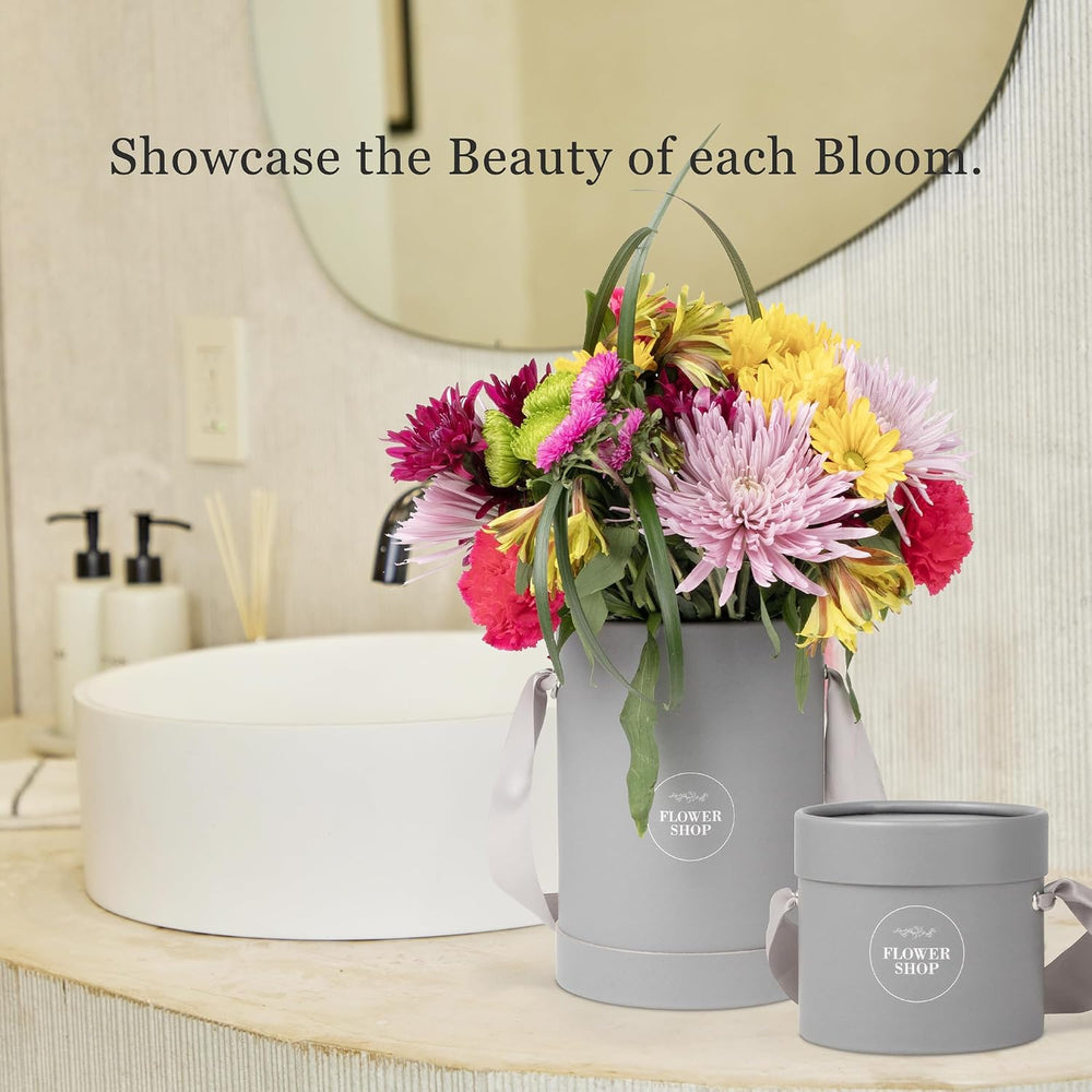 4 Flower Bouquet Hat Boxes | 2 Per Size Round Floral Arrangement Vase | Satin...