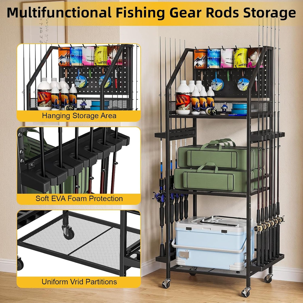 Fishing Rod Holder with Wheels for Garage, 12-Rod Fishing Pole Holders