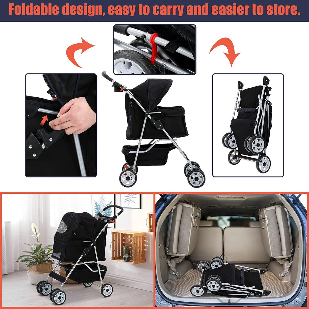 4 Wheels Pet Stroller for Dogs/Cats, Cat Dog Cage Stroller, Travel Folding Ca...
