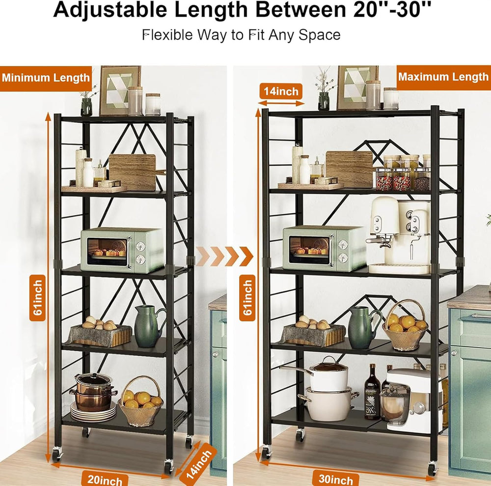 Himix 5-Tier Foldable Expandable Storage Shelves Wheels Kitchen 2-in-1 Rack