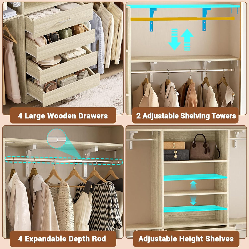 Aheaplus Closet System, 8FT Wood Closet Organizer System with 4 Drawers
