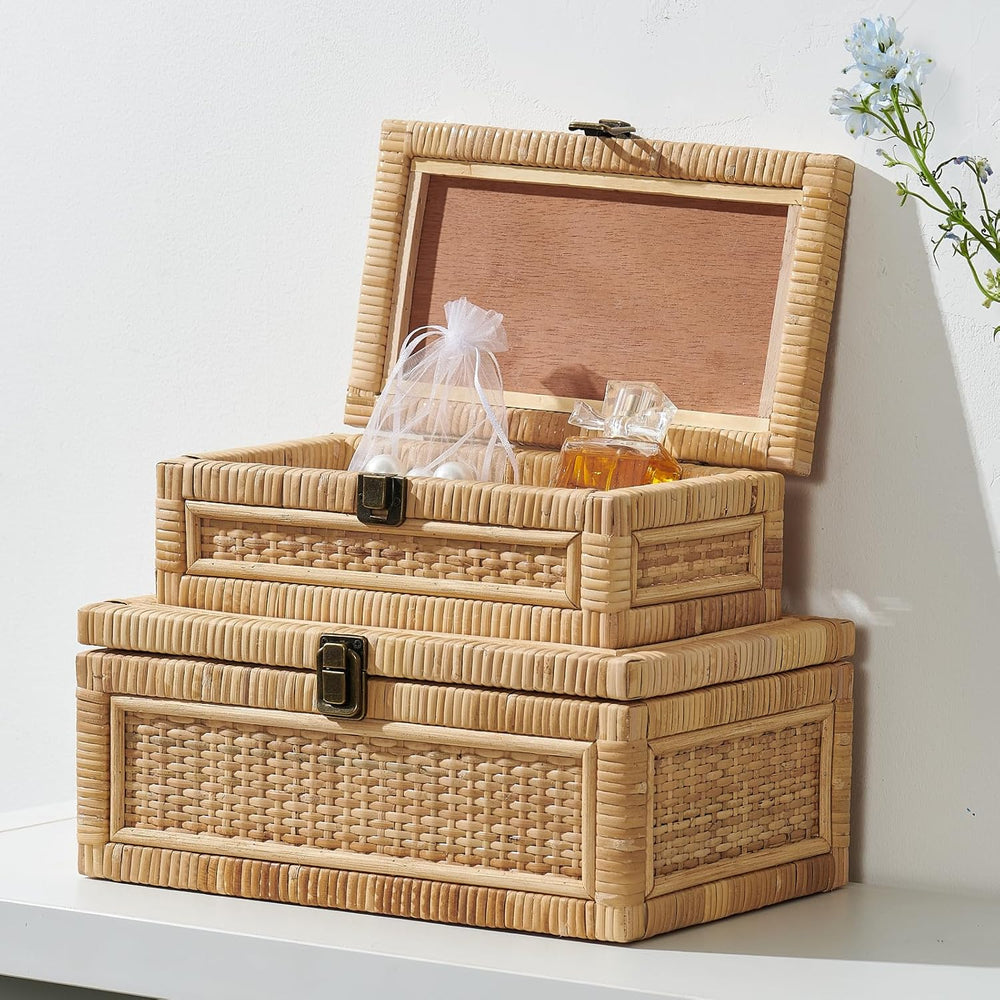 Rattan Box with Lid Decorative Natural Handmade Boho Baskets