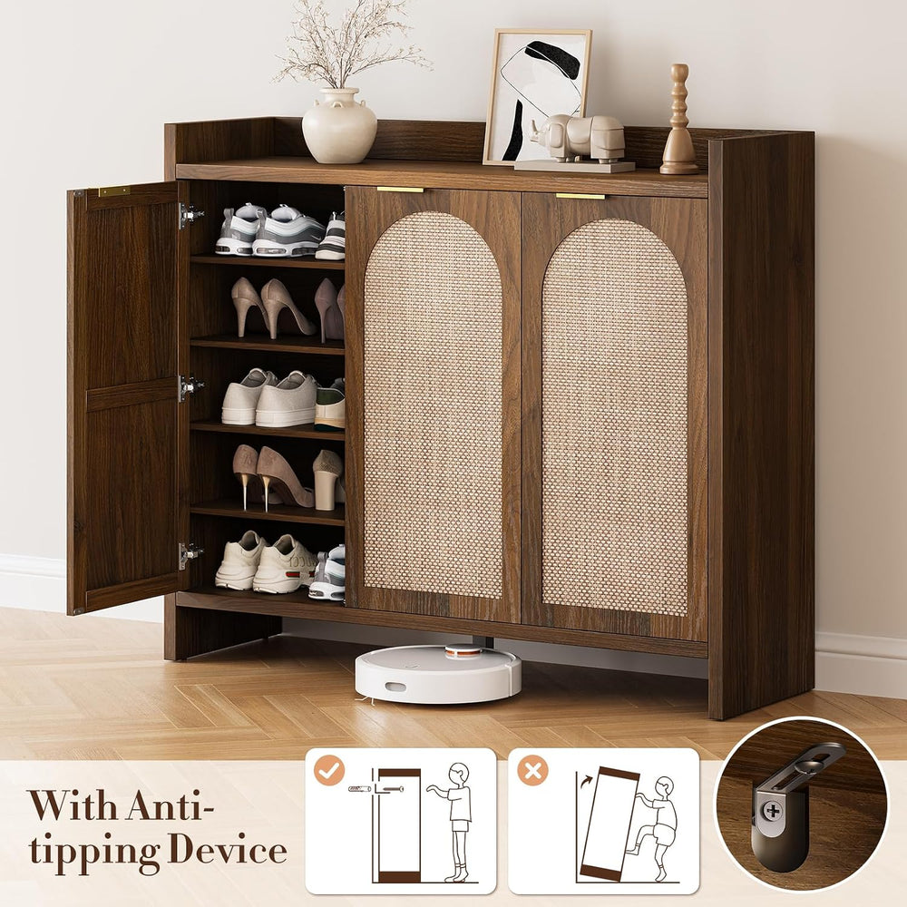 Rattan Shoe Storage Cabinet, Wooden Shoe Rack Organizer Cabinet with 3 Doors ...