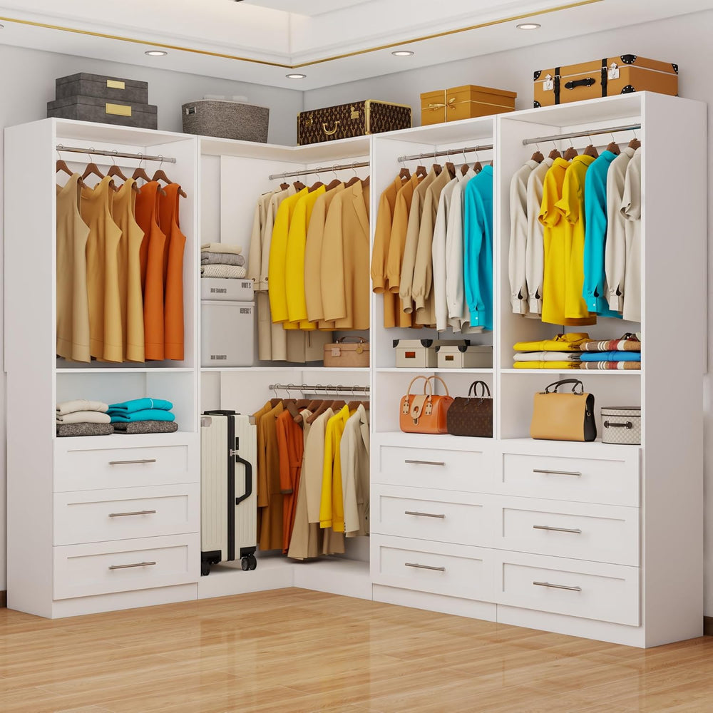 Closet System with 9 Drawers, Corner Closet Organizer System with 9 Hanging R...