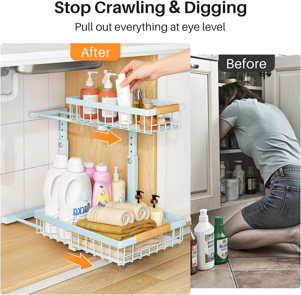 PXRACK Under Sink Organizer, Adjustable Height, 2 Tier Pull Out Under Cabinet...