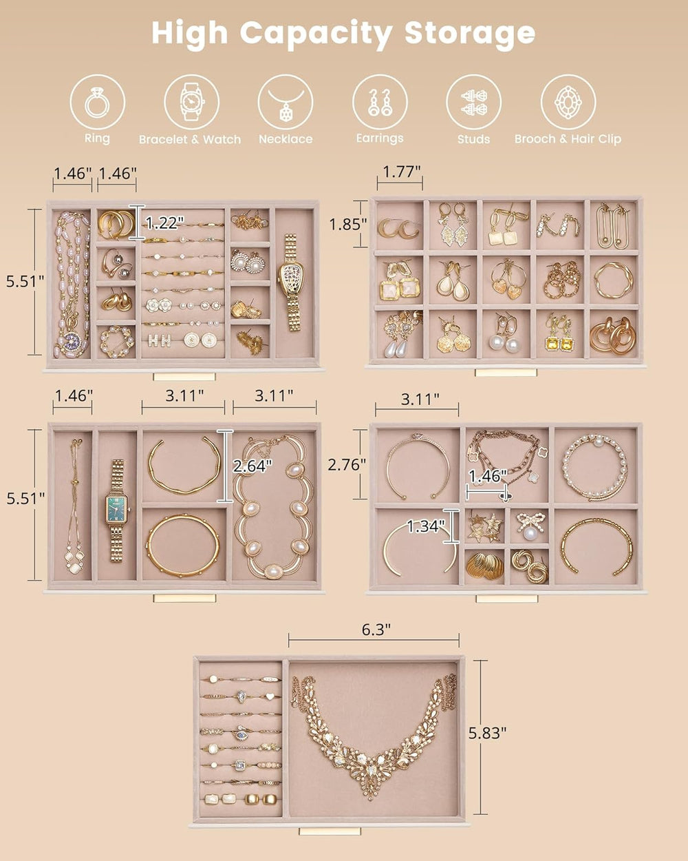 Lolalet Jewelry Box Organizer, 5-Layer Jewelry Storage Case -Beige