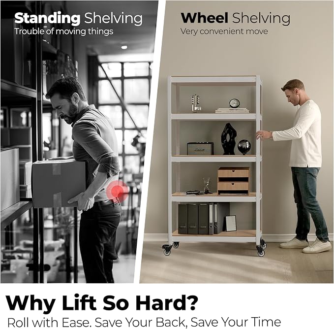 HOMEDANT House White 5-Tier Metal Rolling Cart Shelf Rack Casters Heavy Duty