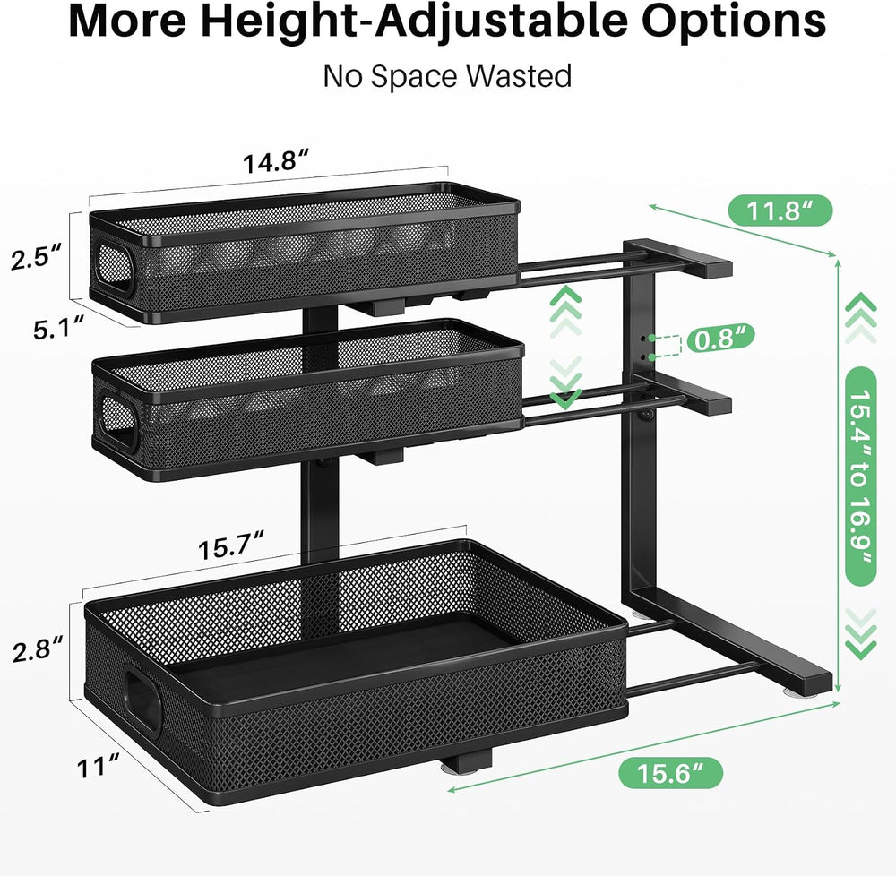 Kitstorack Under Sink Organizer, 2-Pack 3-Tier Height Adjustable Thickened Me...
